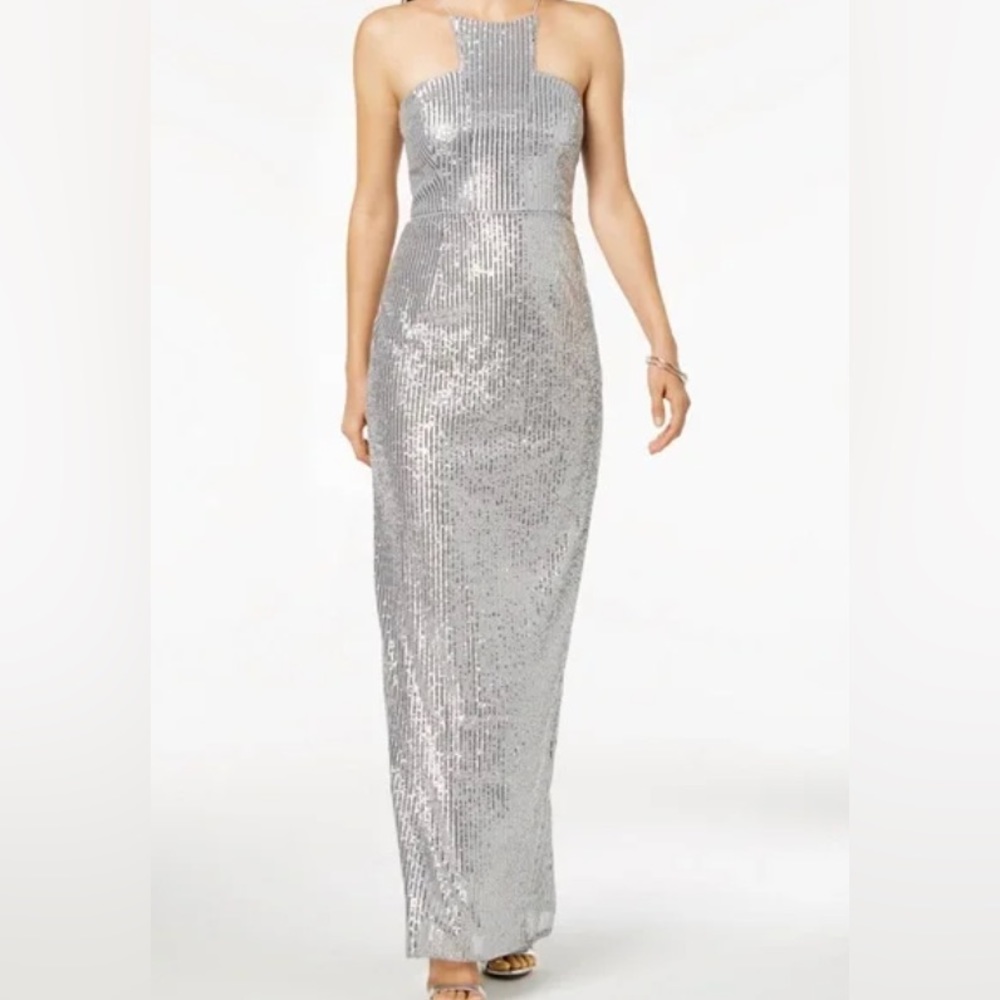 Adrianna Papell Shimmering Silver Halter Dress, size 6